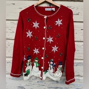 Vintage B.P. Design Ugly Christmas Snowman Snowflake Embroidery Cardigan Sweater